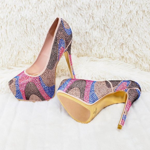 Nude Multi Rhinestone High Heel Platform Pumps - Picture 6 of 13